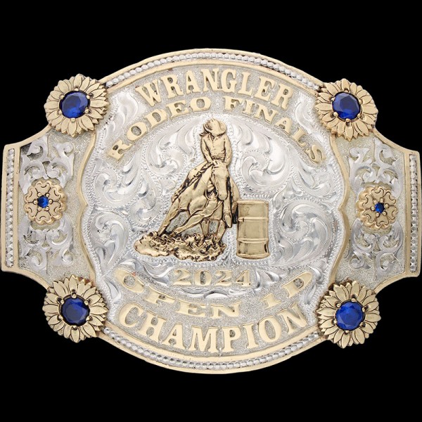 The Forestville Custom Belt Buckle is a unique champions belt buckle with a silver line and bead edge.  Adorned with bronze flowers and lettering. Personalize it today!